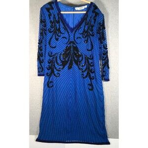 Vintage Oleg Cassini Sequin Beaded  Womens Evening Dress Gown Size 16 Blue Black